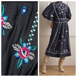 NEW Isabel Marant Caroline Embroidered Silk-satin Midi Dress Sz 36 Faded Black